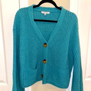 TEAL BUTTON DOWN CROPPED SWEATER